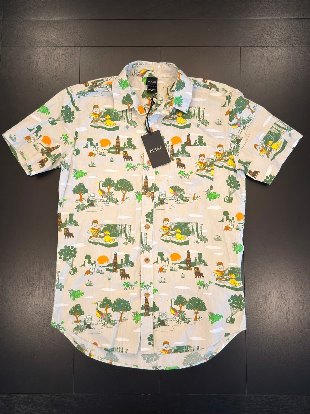 Disney Pixar Up Earth Day Mens XS Short Sleeve Button Down Shirt Russell Dug NWT